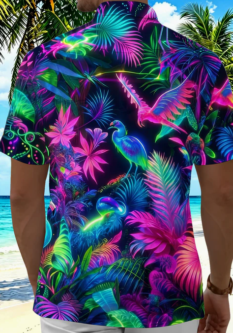 Colorful Fluorescent Hawaiian Neon Jungle Birds Men's Pocket Short Sleeve Shirts