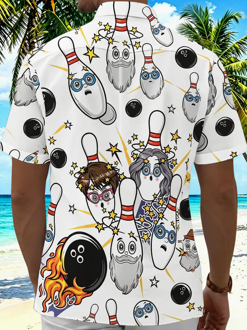 Fun Cartoon Bowling Sports Party Men's Pocket Short Sleeve Shirts